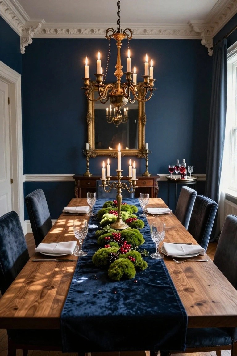 Dining room with navy walls, gold chandelier and mirror, wooden table set with blue velvet runner topped by green moss and red berries centerpiece, candles, wine glasses, and velvet chairs.