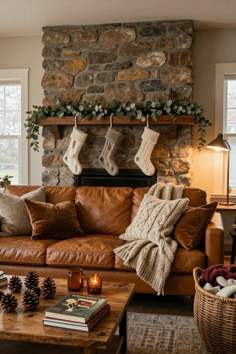 Stone fireplace with wooden mantel shelf holding white and gray knit stockings and draped eucalyptus garland, brown leather sofa with pillows and blanket nearby, wooden coffee table with pinecones and candles in a living room.