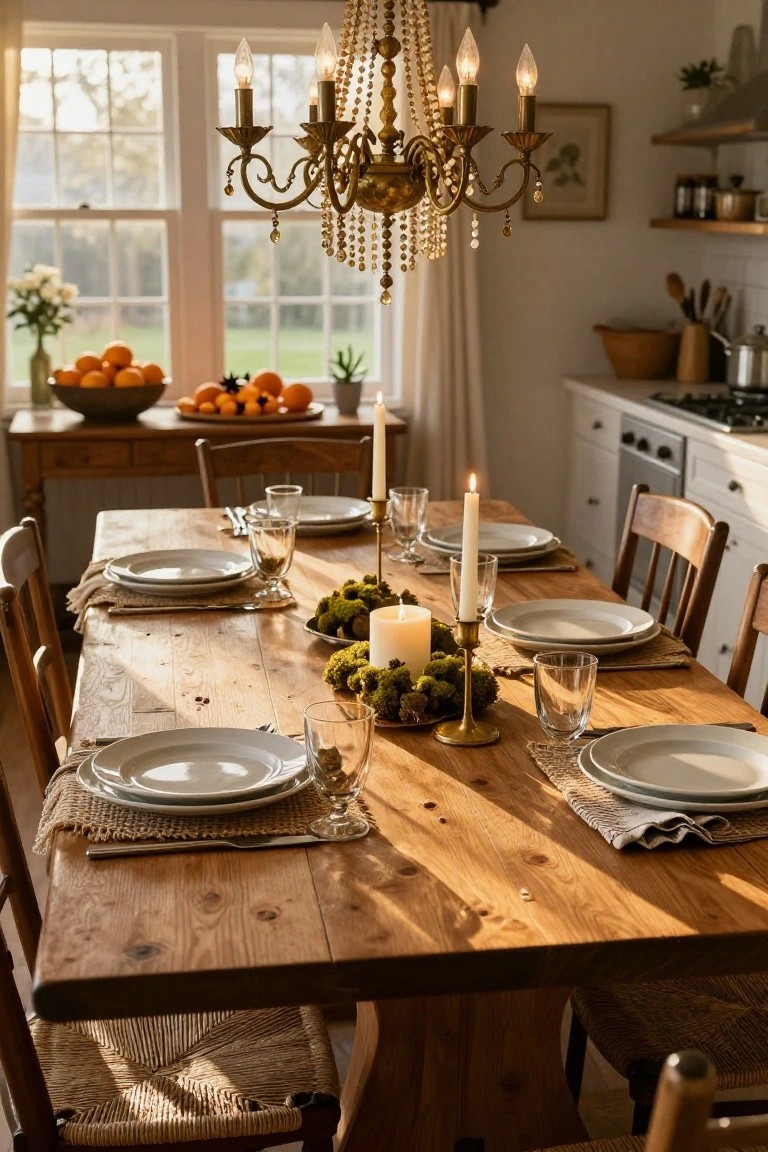 Sunlit dining area with a rustic wooden table set for a meal, featuring white plates, glassware, woven placemats, and centerpieces of moss-wrapped candles and single brass candlesticks, viewed through large windows with a chandelier overhead.