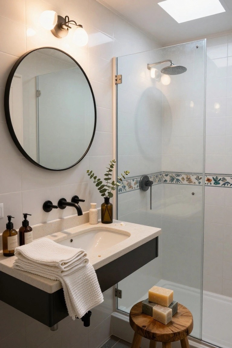 Modern bathroom with black-framed round mirror above wall-mounted white sink, black faucet, glass shower with floral tile border, wooden stool holding stacked soaps, folded white towels on vanity edge, and eucalyptus in glass vase.