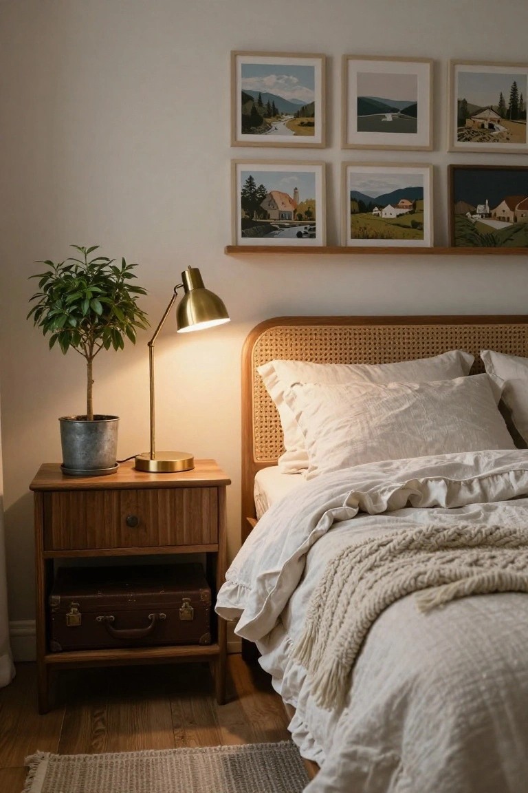 Bedroom corner showing rattan headboard bed with white linen bedding and knit throw draped over, wooden nightstand with brass lamp, potted plant in metal pot, vintage brown suitcase stored underneath, and gallery wall of six framed landscape prints above a wooden shelf.