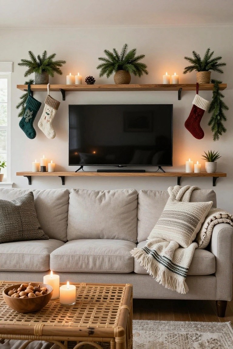 Living room with wooden floating shelves on both sides of a wall-mounted TV, decorated with Christmas stockings, garlands, potted greenery, pinecones, candles, a beige sofa with pillows and blanket, rattan coffee table holding nuts and candles, on a beige rug.