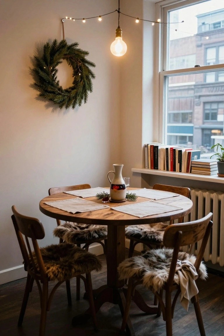 Corner indoor dining area with round wooden table set with white placemats and a ceramic pitcher, four wooden chairs with sheepskin cushions, Christmas wreath on wall, string lights, and books on windowsill next to radiator.