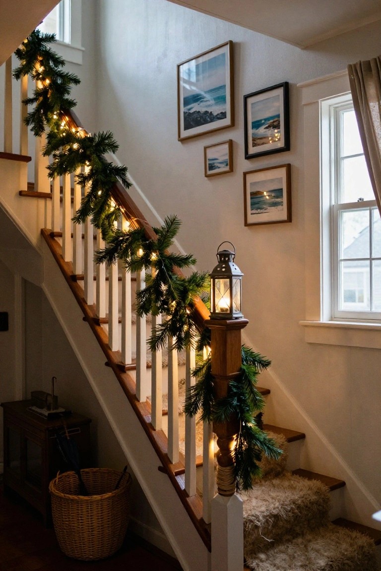 Wooden staircase with white balusters and garland wrapped around the railing strung with white lights, a metal lantern on the newel post, framed photos on the wall, and a wicker basket by the base.