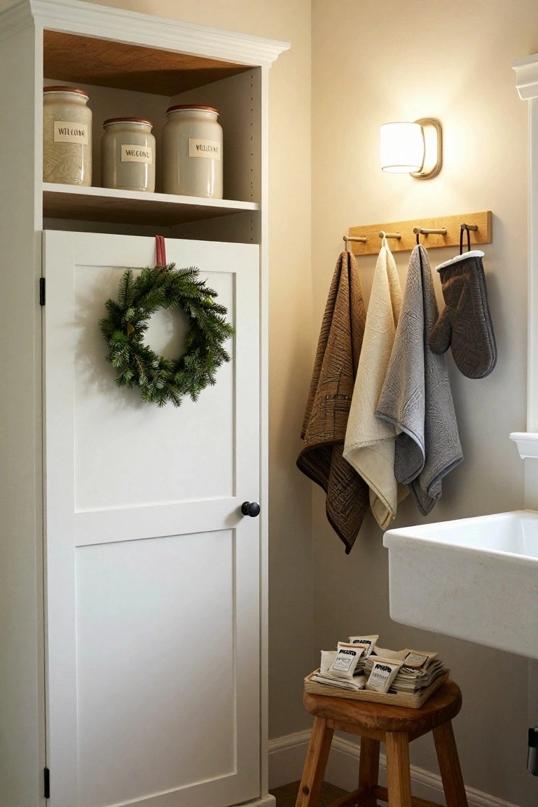 Tall white wooden cabinet with closed door decorated by an evergreen Christmas wreath, open top shelves holding three labeled white ceramic jars, wooden towel rack nearby with assorted towels and oven mitts hanging, white farmhouse sink adjacent, wooden stool with stacked soap bars in a softly lit kitchen corner.