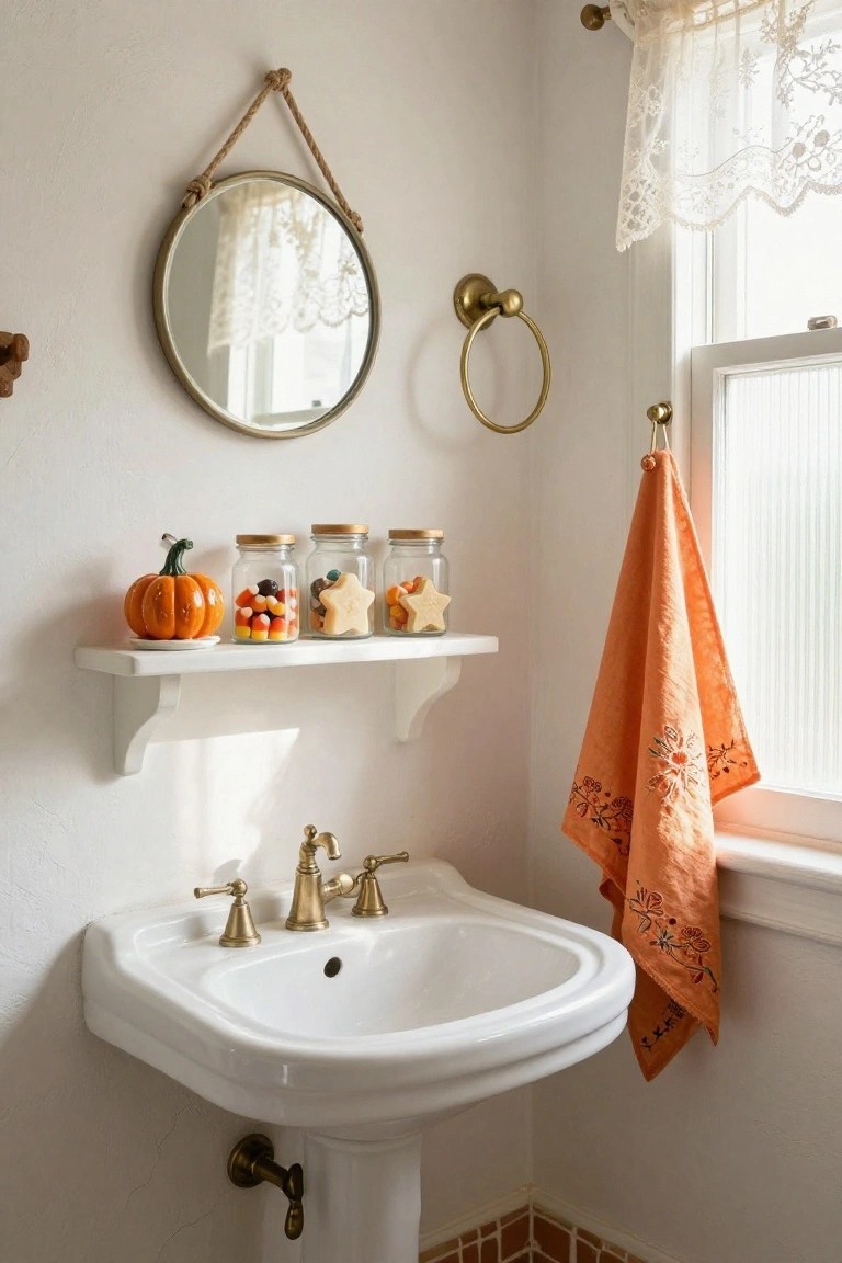 A small bathroom with a curved walnut wood floating vanity and white sink under a black wall-mount faucet, black fan-shaped tiles on the lower wall, white and black daisy-patterned floor tiles, round gold mirror, brass wall sconce, wooden shelf holding glass bottles, and framed black-line artwork of a smiling skeleton wearing a top hat.