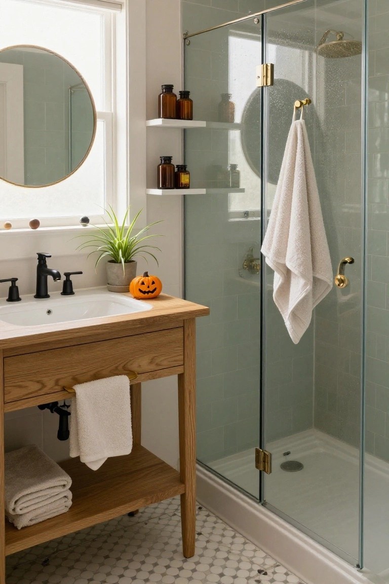 Modern bathroom with black accent wall and round black-framed mirror, marble-top vanity holding chrome faucet, white pumpkin, and black vase with eucalyptus, black metal shelf with beige towels and rattan basket, plus bat decals on walls and glass shower enclosure with white subway tile.