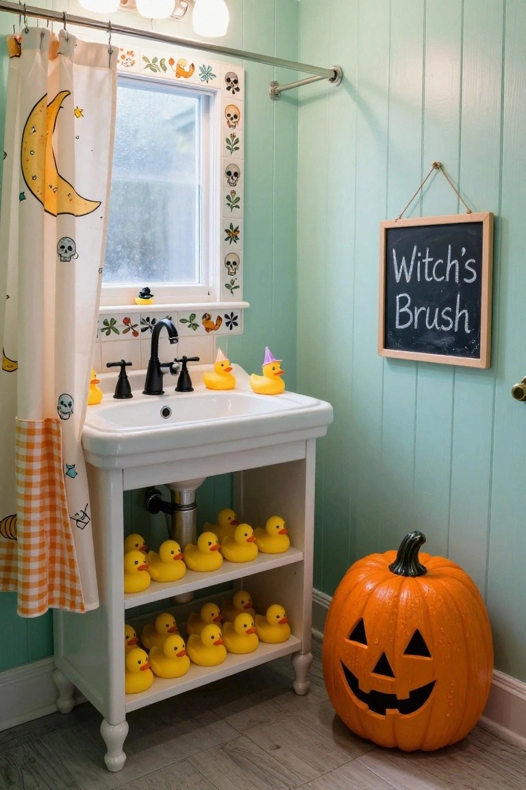 Modern bathroom with gray marbled tiles, black floating vanity, gold faucet and handles, black decorative pumpkins, lace-trimmed dispenser, and black-framed witch illustration on the wall.