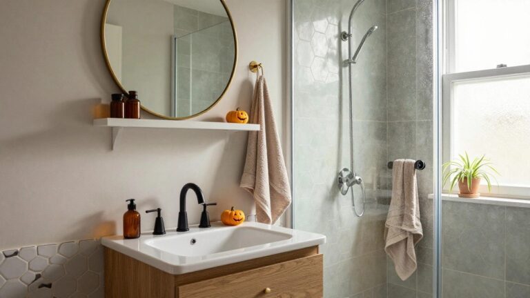 Modern bathroom with black accent wall and round black-framed mirror, marble-top vanity holding chrome faucet, white pumpkin, and black vase with eucalyptus, black metal shelf with beige towels and rattan basket, plus bat decals on walls and glass shower enclosure with white subway tile.