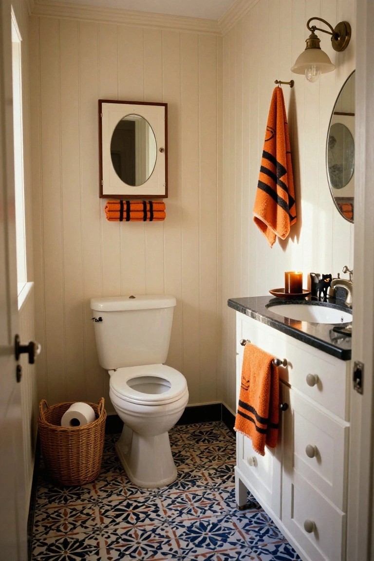Modern bathroom with gray textured walls, walnut double vanity and gold faucets, black framed cabinet displaying rows of amber glass bottles, paper ghost decoration above mirror, pumpkins and orange towels on shelf, and glass shower nearby.