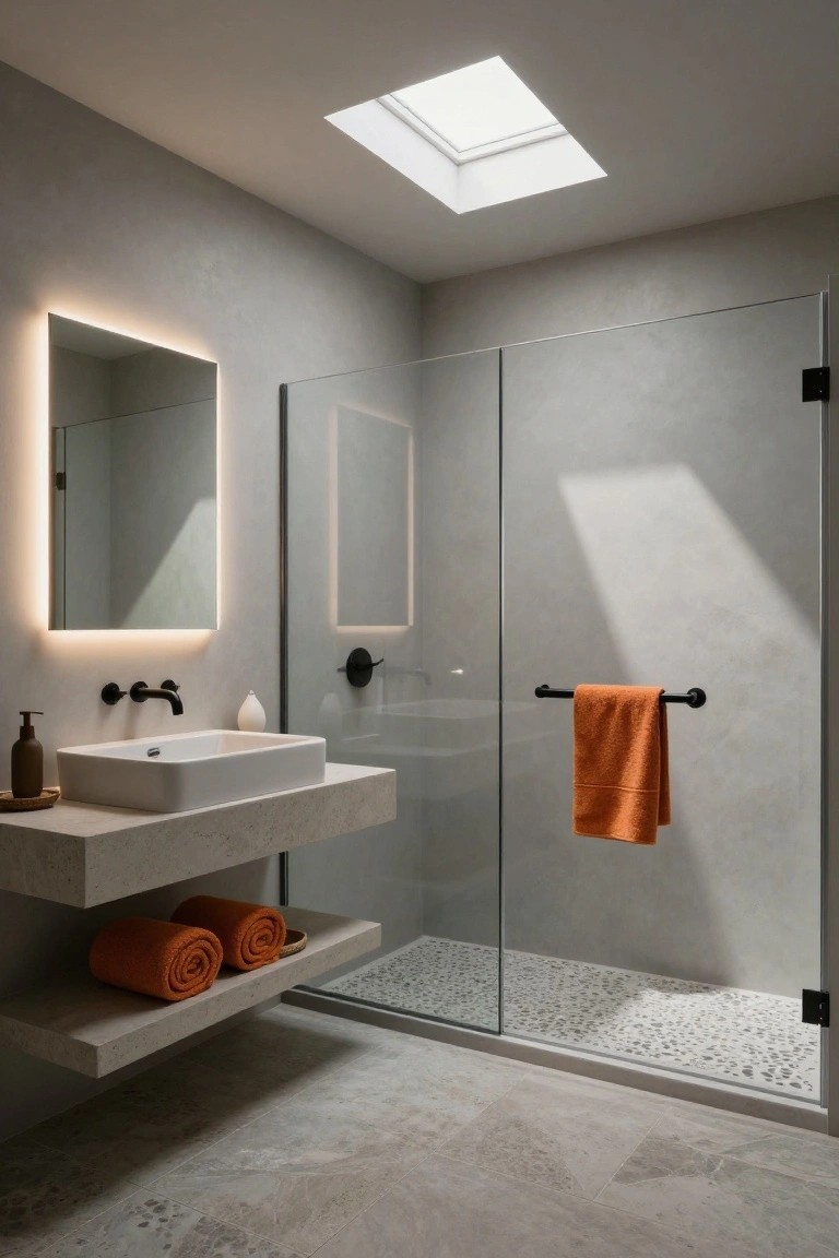Corner glass shower with black frame and dark tile walls in a white bathroom, white ghost draped over interior towel bar next to orange towel, black vanity with white sink, and white hexagon floor tiles.