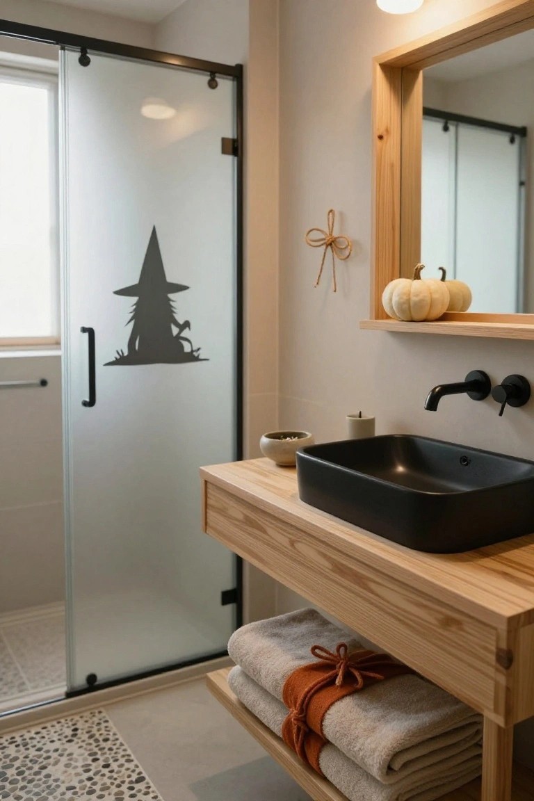 Green plaster-walled bathroom featuring dual round gold sinks on black fluted pedestals, gold faucets, gold-framed arch mirror, glass jars filled with pink and orange candies on gold shelves, paper jack-o-lantern face on wall, and witch artwork.