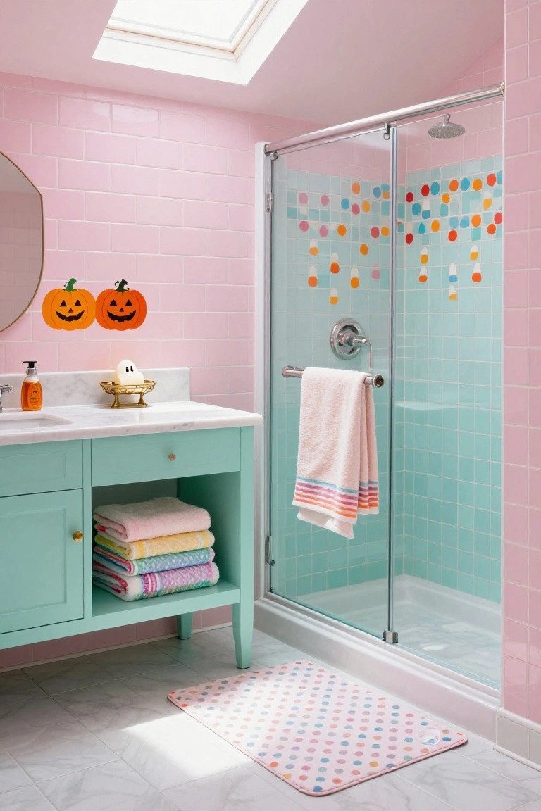 A small bathroom with white subway tile walls decorated with black ghost stickers, yellow rubber ducks on a wooden shelf, orange towel on a rack, navy blue vanity with white sink under a mirror, chrome shower head, and a chalkboard sign.