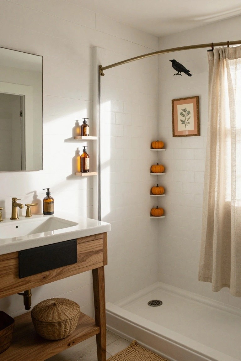 A bathroom with open wooden shelves above the sink filled with orange jack-o-lantern painted mason jars, brown glass bottles, and white ceramic mugs, next to a glass shower enclosure and wooden vanity.