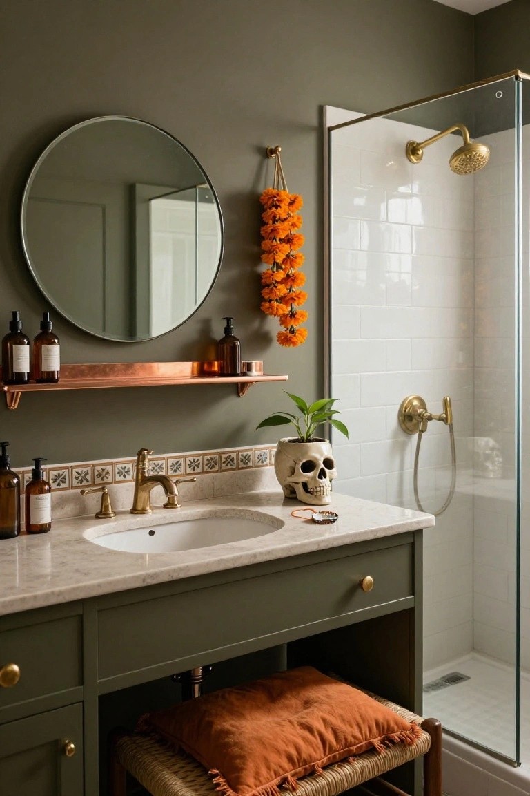 Bathroom with green wooden vanity under white sink, brass faucet, white subway tile walls, glass shower enclosure, and wooden shelves holding white pots, mason jars with lit jack-o-lanterns, candles, small pumpkins, witch hat, and woven basket on counter.
