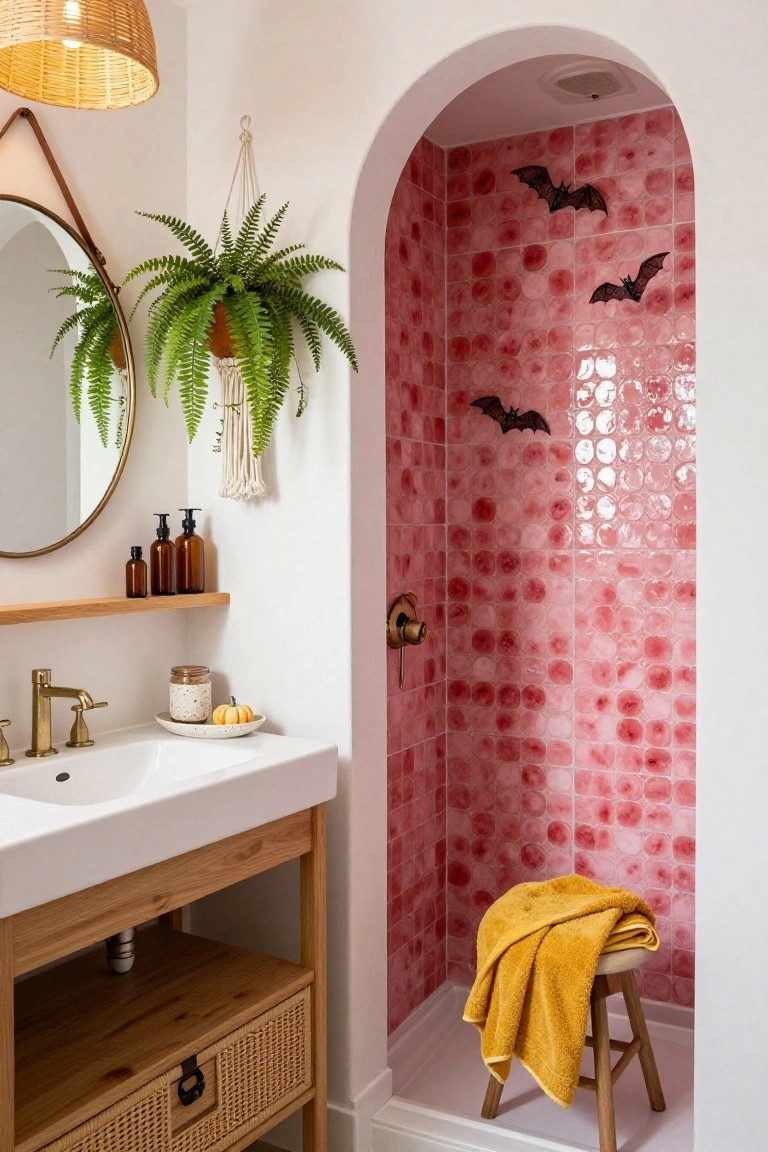 Bathroom with navy blue double vanity, white skull planter with spiky plant and skull soap dispenser on butcher block top, gold round mirrors, spider web shower curtain and window drape, white subway tile walls, and black and white patterned floor tiles.