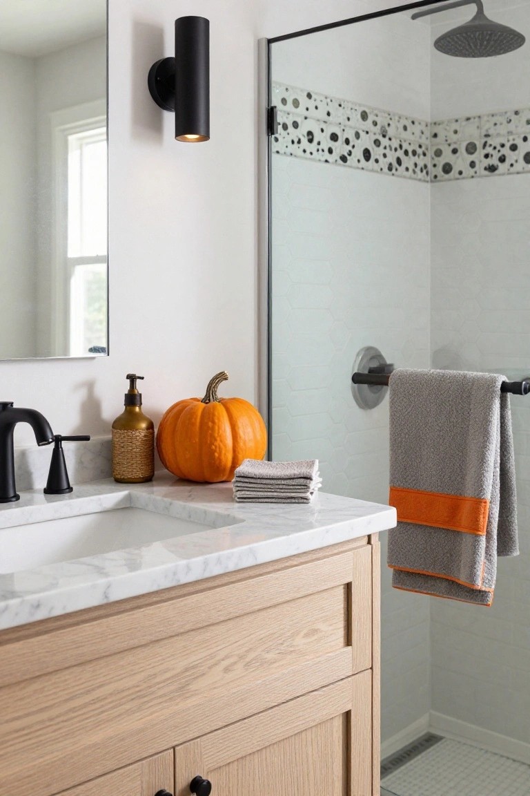 Bathroom with teal subway tile walls, brass showerhead and faucet, running water in glass shower, white pumpkins on wooden shelf and marble vanity, and three white fabric ghosts hanging from driftwood mobile beside wood-framed mirror.