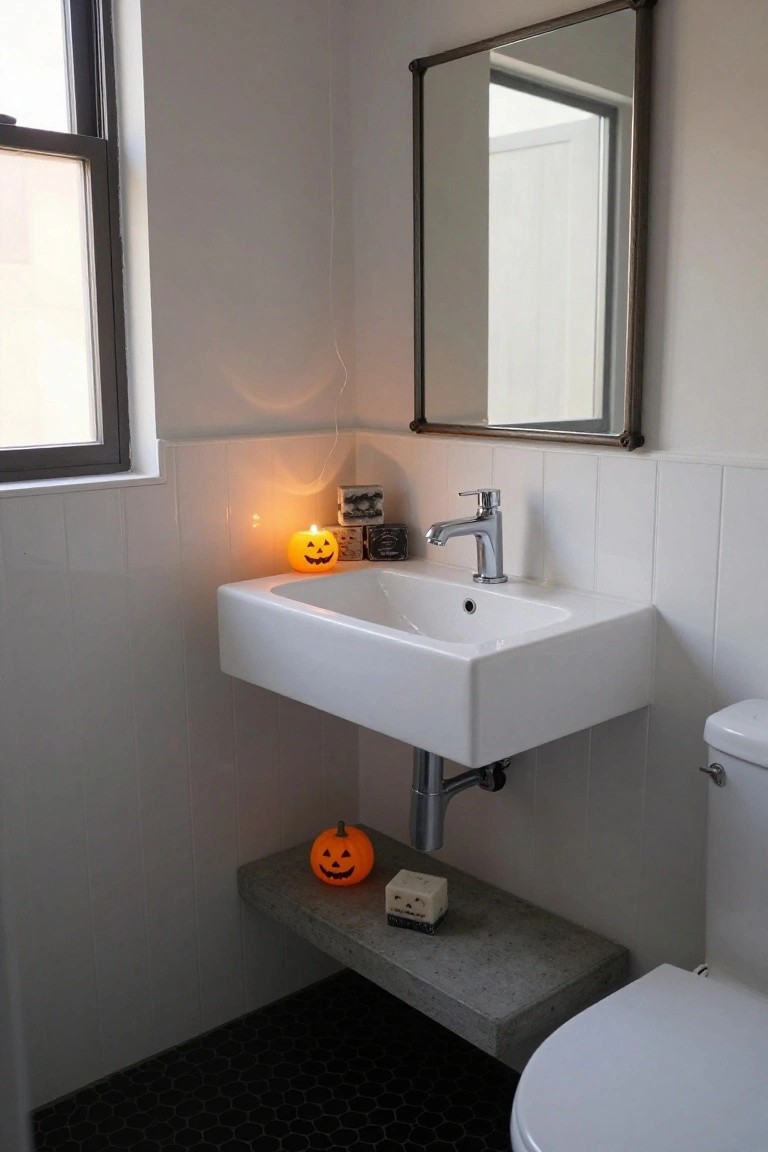 Modern bathroom with beige walls, wooden floating vanity holding two white sinks, glass shower enclosure, and small orange pumpkins plus black candles on a white shelf below the vanity.