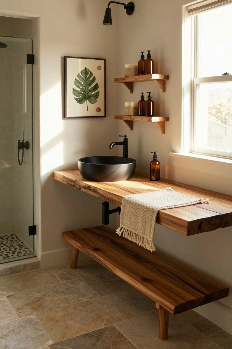 Bathroom vanity area featuring a white marble sink countertop, light gray herringbone wall tiles, dark gray cabinets, black-framed rectangular mirror with orange pumpkin string lights draped around it and the wall, a beige vase with sunflower, pointed black hat figurine, wicker basket with white towels, and wall-mounted faucet.