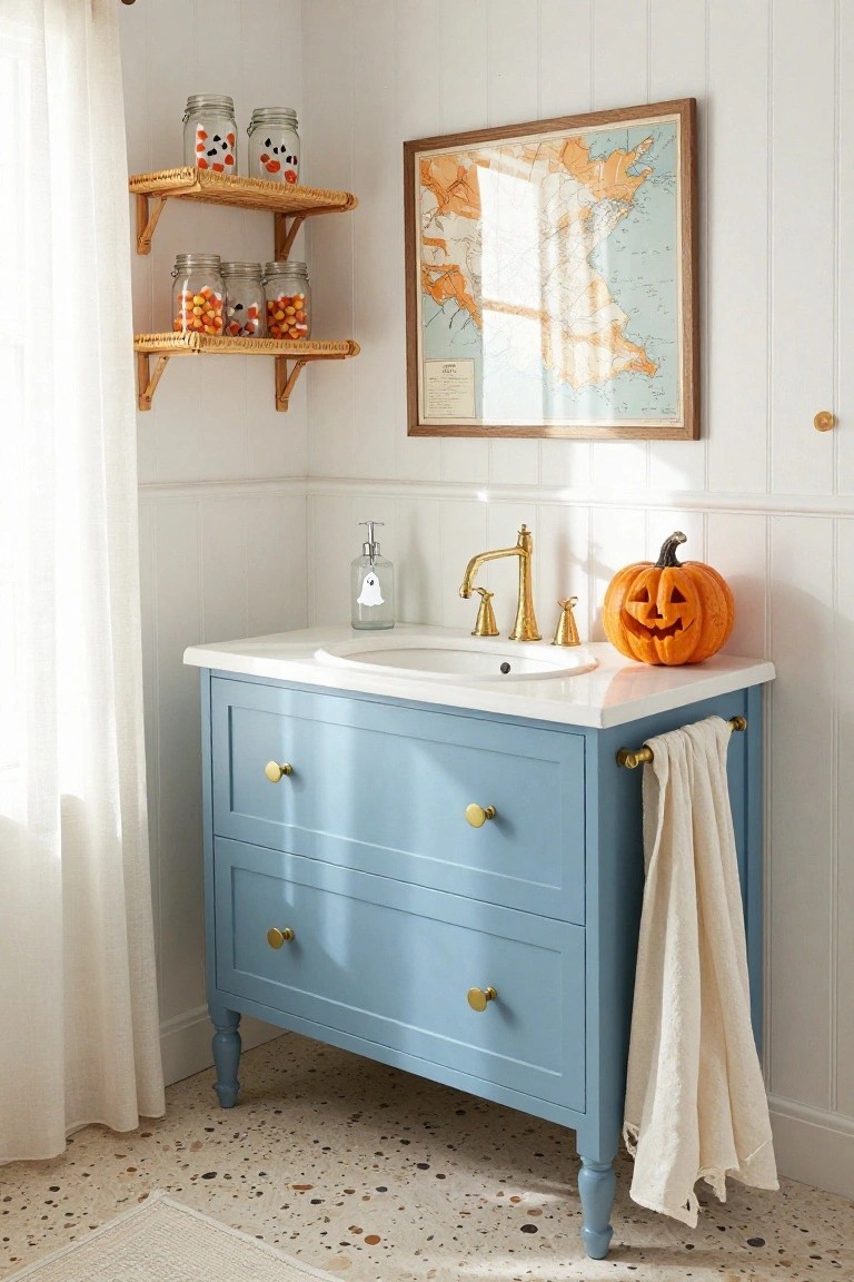 A bathroom with light blue and white tiles, orange vanity stocked with Halloween mugs and pumpkins, ghost and black cat with witch hat stickers on the shower glass doors, plants, and a window showing the ocean.