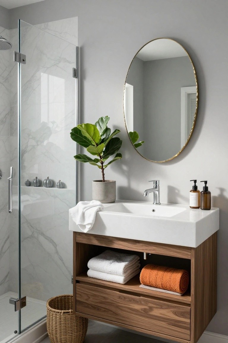 Modern white-tiled bathroom with glass shower enclosure, black vanity, gold fixtures, backlit mirror, black-and-white checkered marble floor, and Halloween decorations including small pumpkins on the floor and a bat on the shower door.