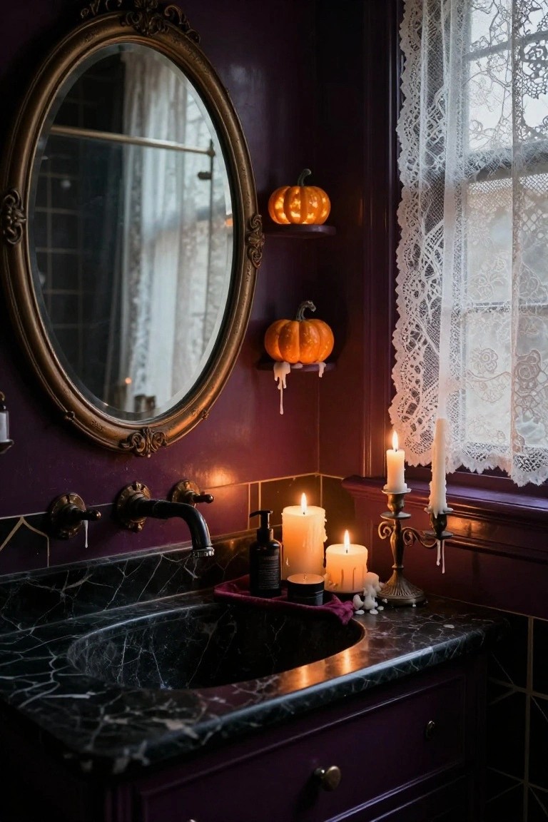A bathroom with light beige textured walls, wooden double vanity with white sinks, glass shower enclosure with pebble floor and rocks inside, copper accessories, and small pumpkins on the outer pebble tile floor.