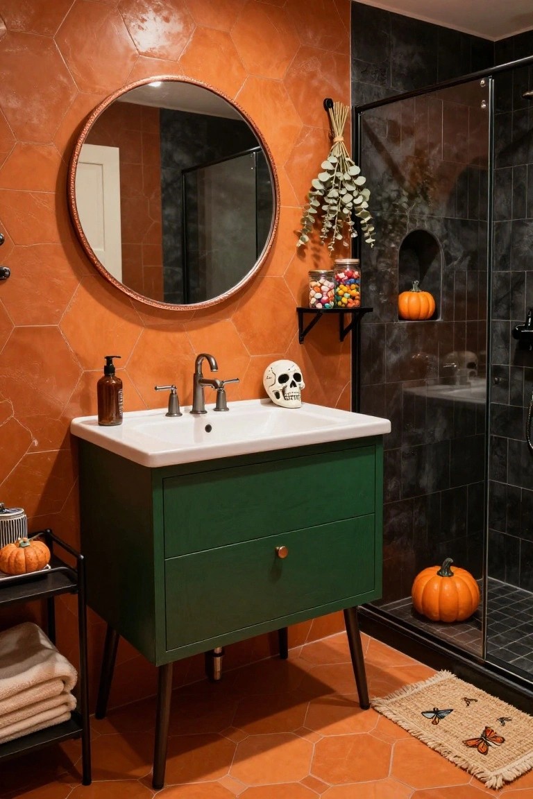 A corner bathroom with mint green tiles, white pedestal sink, beaded mirror, and wooden shelf displaying two sugar skull decorations, small orange pumpkin, and perfume bottles.