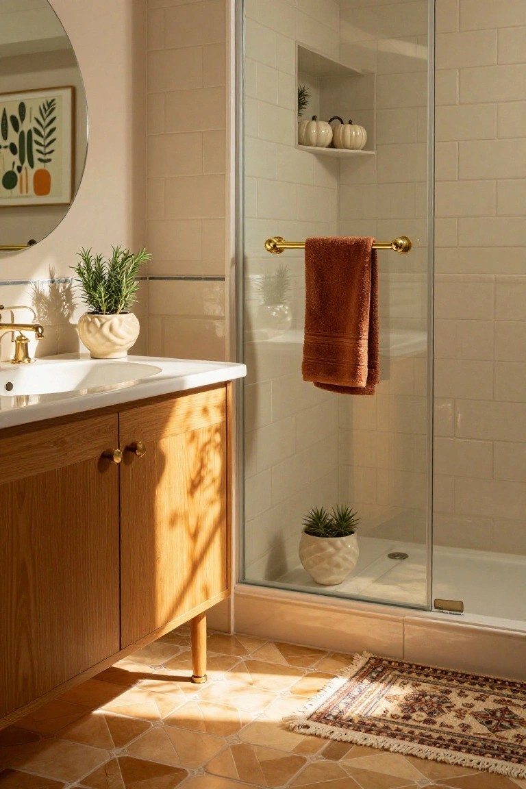 Bathroom with orange hexagonal terracotta tiles on walls and floor, white farmhouse sink on rattan shelf base, glass shower enclosure, marigold flowers, dried herbs, fairy lights, and ghost decorations around the mirror.