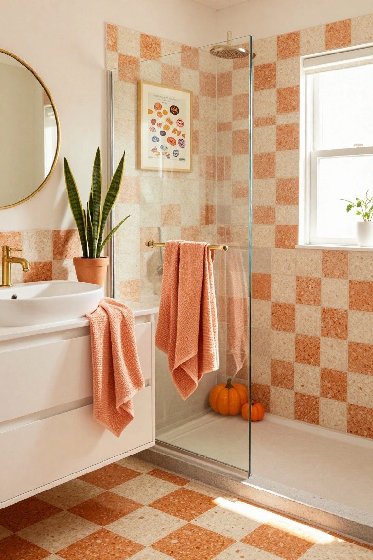 Bathroom with green palm leaf wallpaper and shower tiles, arched gold mirror, marble vanity with gold faucet and small pumpkins, wooden ladder rack holding orange towels, fern plant, and black spider decoration hanging near the window.