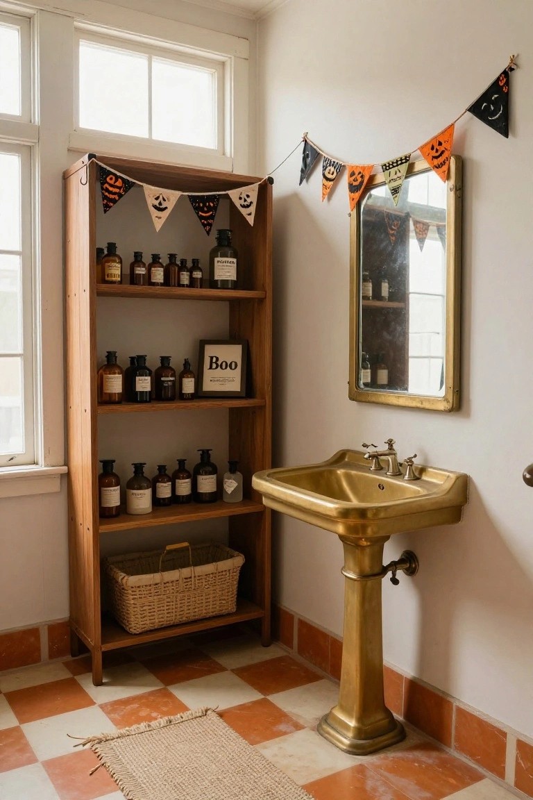 Modern bathroom featuring a floating wooden vanity with white sink, backlit mirror above, frosted window to the side, and several small white pumpkins placed on the counter and lower shelf.