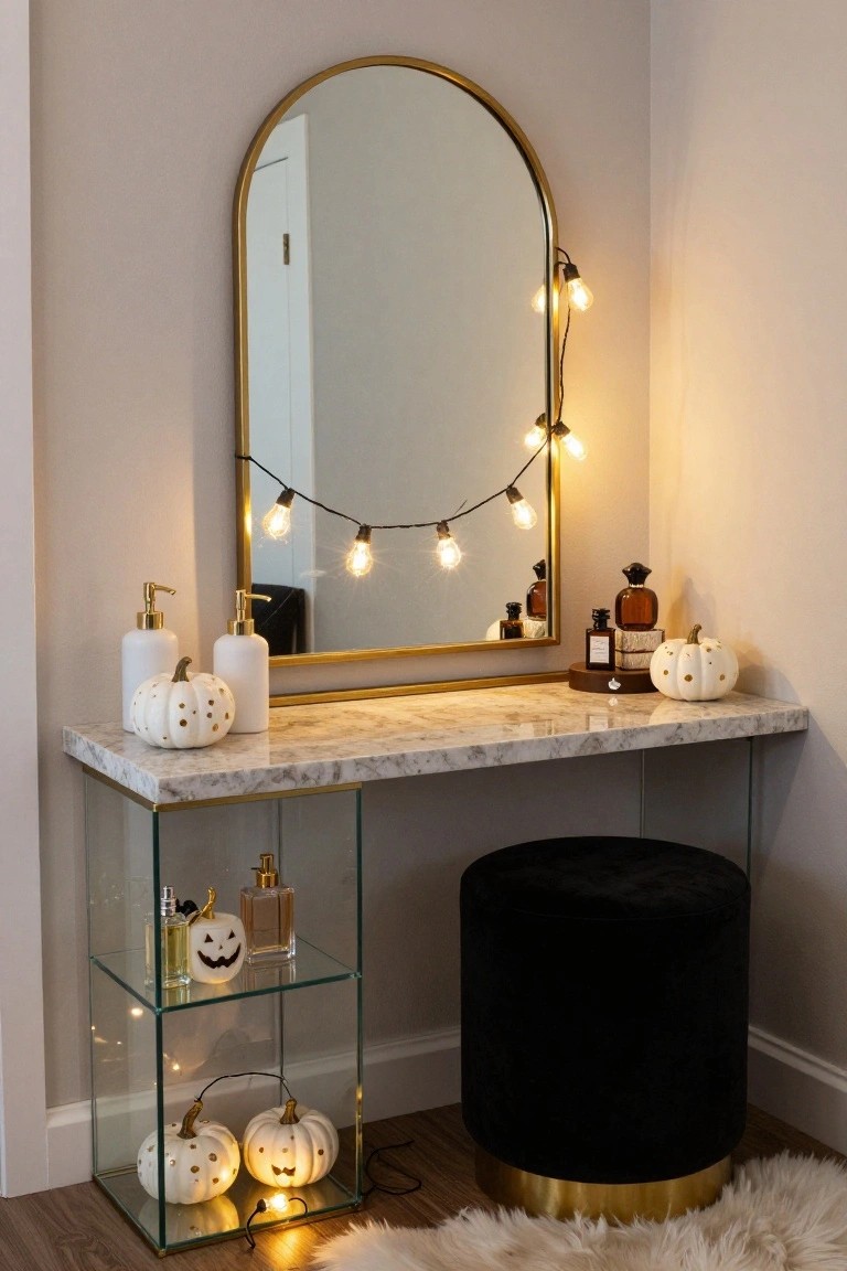 Modern industrial bathroom with exposed concrete walls and floor, floating walnut wood vanity with integrated sink and gold faucet, round black-framed mirror, and Halloween decorations including black pointed witch hats on the windowsill, glass pumpkins on the vanity and shelf, and soap dispensers.
