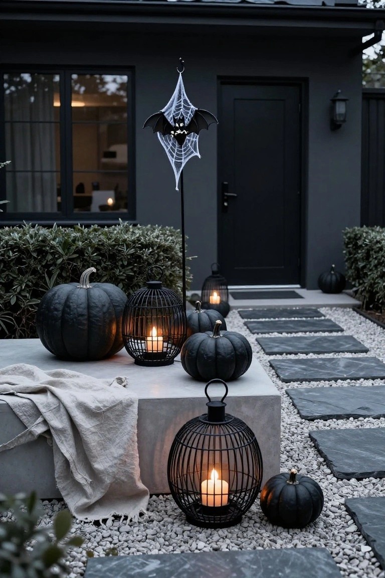 Front exterior of a dark gray house with black door and windows, Halloween decorations including black pumpkins, black wire lanterns with candles, a spider web with bat hanging on a pole, gravel path, and bushes.