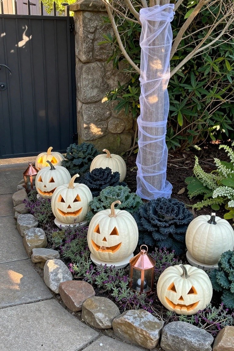 Garden bed along a paved path edged with rocks, featuring multiple carved white jack-o'-lantern pumpkins, dark kale plants, copper lanterns, and white tulle on a tree trunk near a black metal gate and stone pillar.