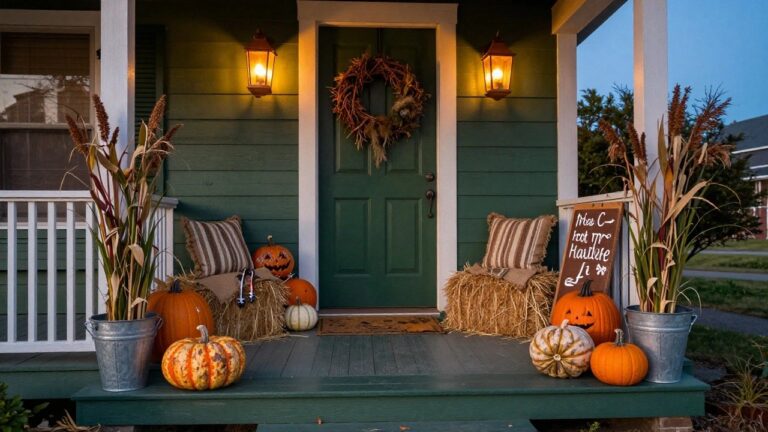 White clapboard house front porch with green door, flanked by cornstalks and wheat in metal buckets, assorted orange and white pumpkins on steps and beside door, lanterns, wreath, and wooden sign reading "Najs' Laf Laf Hbus".