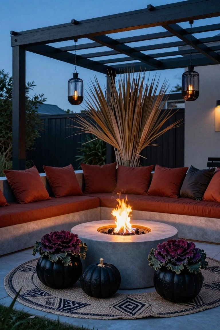 Curved rust-colored outdoor sofa seating around a round concrete gas fire pit with orange flames, surrounded by black pumpkins and purple kale plants on a woven rug, under a black pergola with hanging lanterns and tall fan palms at dusk.