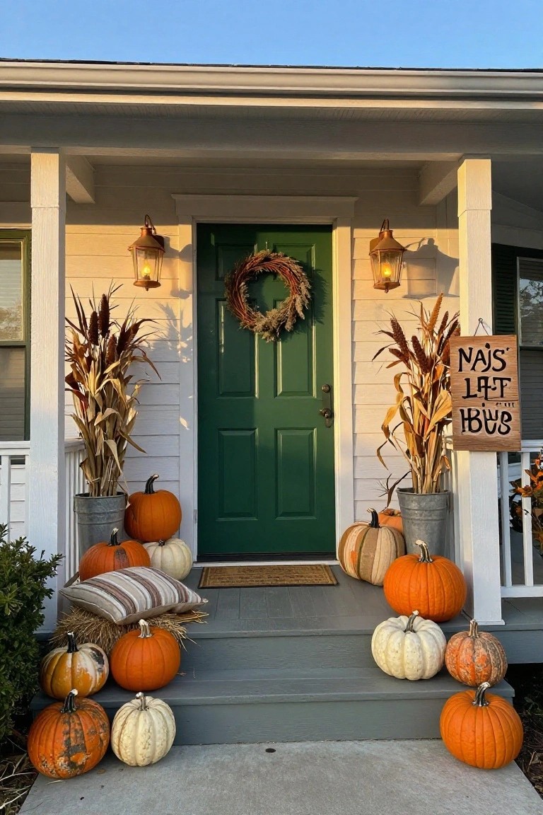 White clapboard house front porch with green door, flanked by cornstalks and wheat in metal buckets, assorted orange and white pumpkins on steps and beside door, lanterns, wreath, and wooden sign reading 