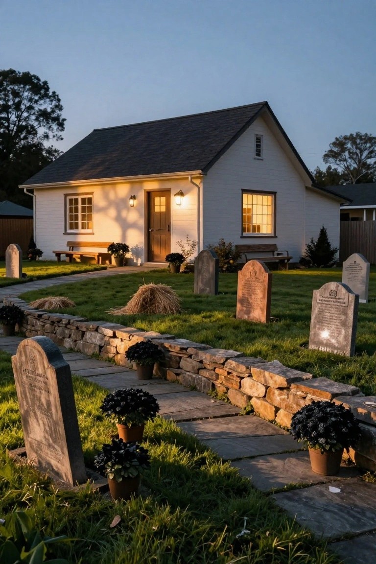 White gabled house with lit windows and lantern at dusk, front yard featuring fake tombstones in grass, hay bales, potted black flowers, benches, and a stone wall bordering a slate path to the front door.