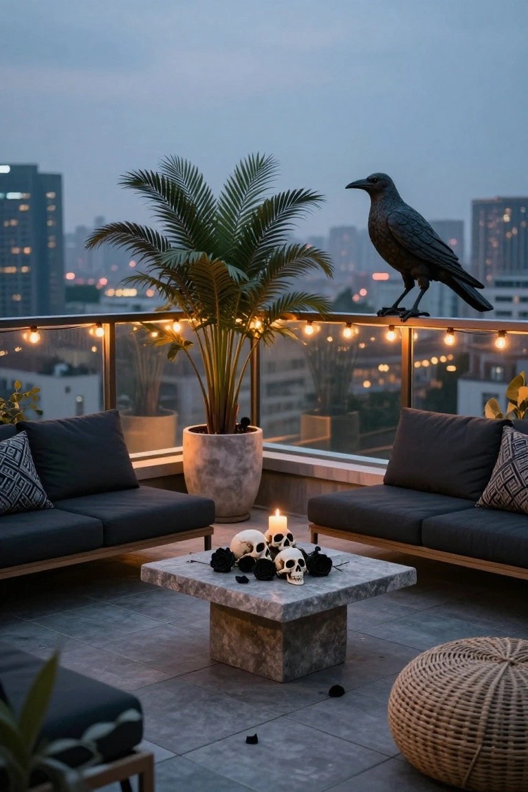Modern balcony at dusk with two dark gray sofas facing a low stone coffee table holding white faux skulls, black roses, and candles, potted palm tree, string lights on glass railing, raven statue perched on rail, and city buildings in background.