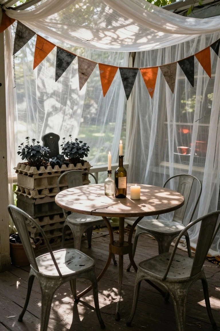 Screened porch enclosed by sheer white drapes and strung with orange, black, and gray Halloween bunting above a round wooden table with wine bottles, candles, and metal chairs, next to egg carton planters with black plants and a gravestone.