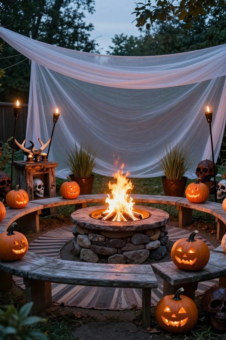 Outdoor circular stone fire pit surrounded by weathered wooden benches with carved jack-o-lanterns, skulls, torches, potted plants, and white draped fabric against a backdrop of trees at dusk.