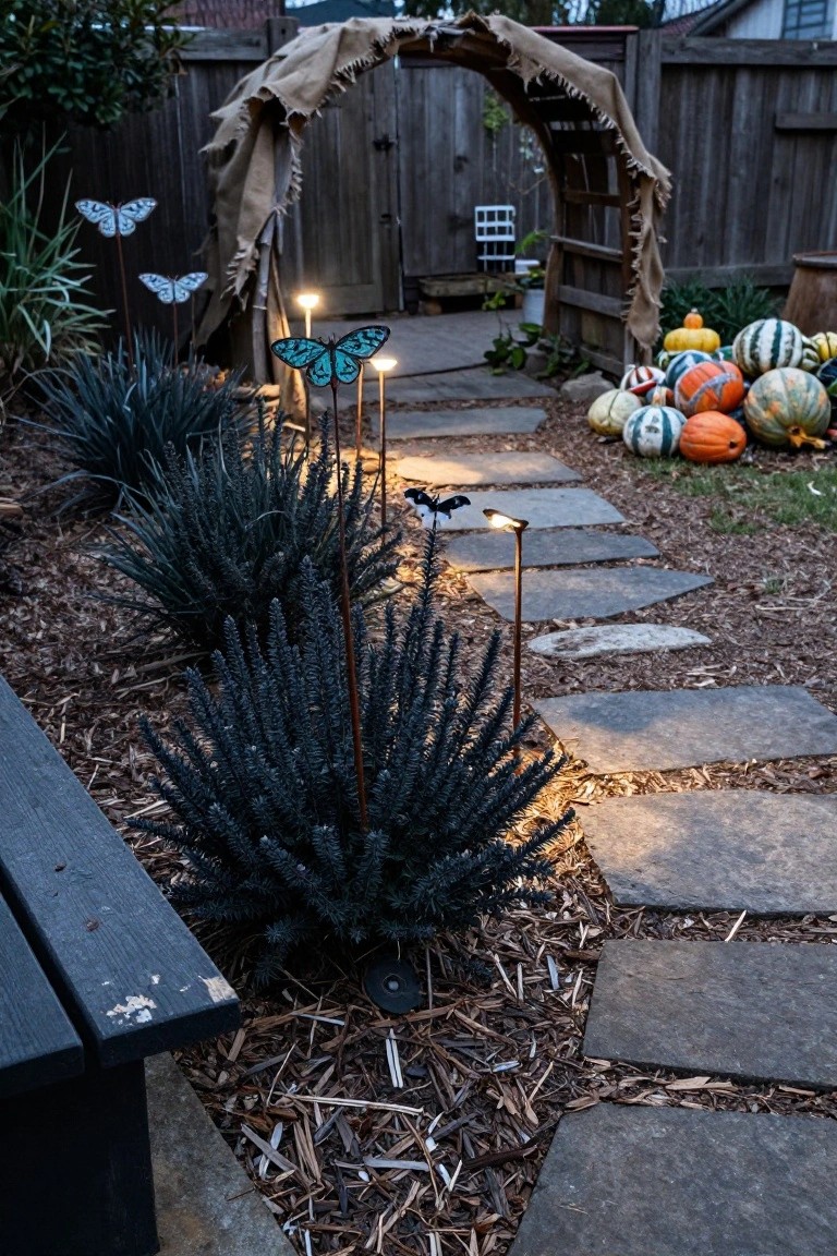 Backyard stone pathway lined with metal stake lights, dark spiky plants, piles of assorted pumpkins, metal butterfly decorations, and a burlap-draped wooden archway leading to a fenced gate area.