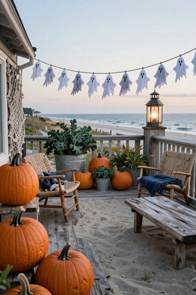 Wooden beach deck with rattan chairs draped in blue blankets, clusters of orange pumpkins, hanging white paper ghost garlands, potted plants, a metal lantern, and ocean view at sunset.