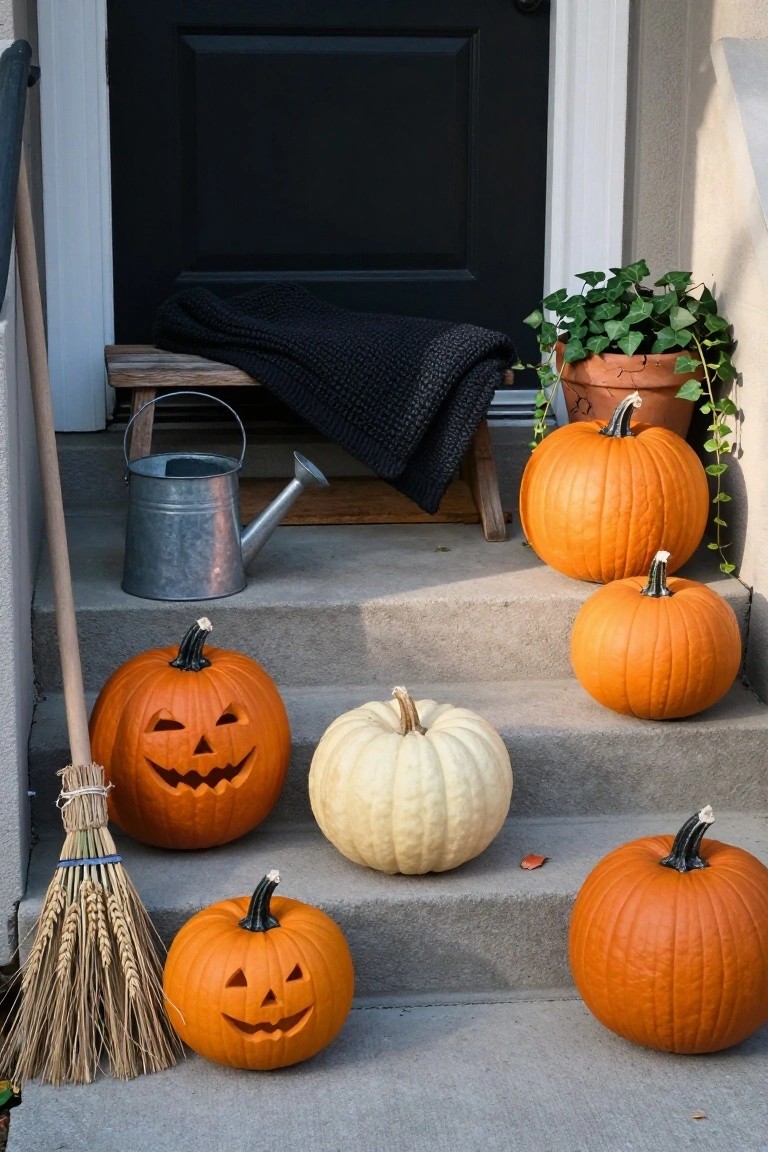 Front porch steps with orange carved pumpkins, a white pumpkin, broom, watering can, black blanket on a bench, and potted ivy near a black door.