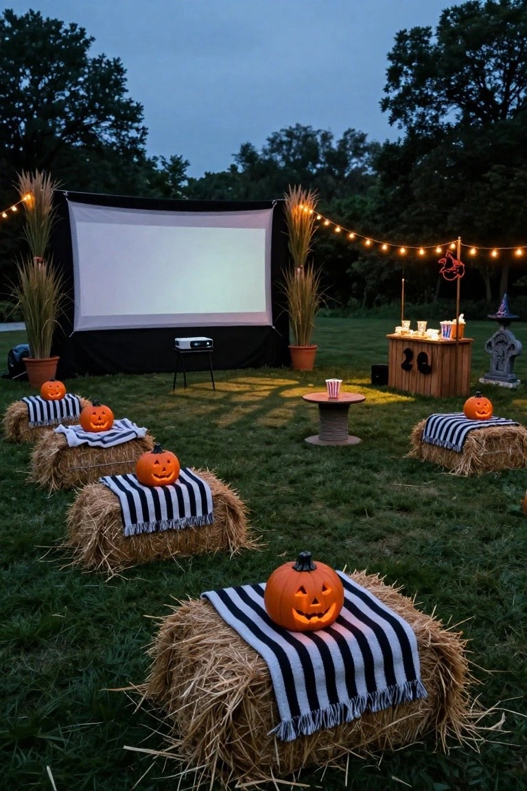 Outdoor Halloween movie setup featuring rows of hay bales as seats covered with black and white striped blankets and lit pumpkins, a large projection screen, projector stand, snack bar with popcorn, and pampas grass decorations in a grassy area at dusk.
