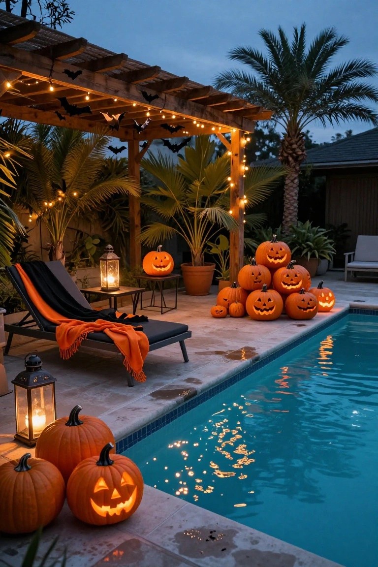 Backyard pool area at dusk with Halloween decorations including a pergola strung with lights and bats, clusters and stacks of lit jack-o-lanterns near a black lounge chair and pool edge, lanterns, and surrounding palm plants.