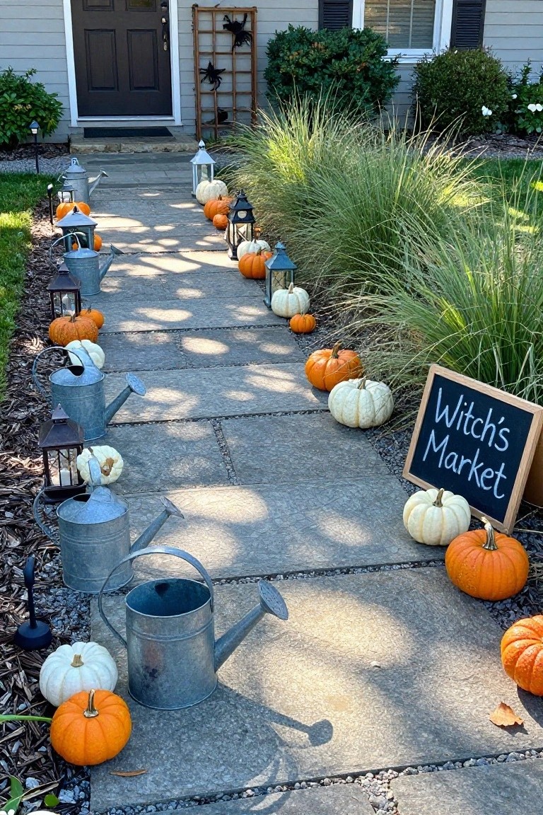 Concrete walkway leading to a gray house front door, lined with orange and white pumpkins, metal watering cans, lanterns, and ornamental grasses, ending with a blackboard sign reading 