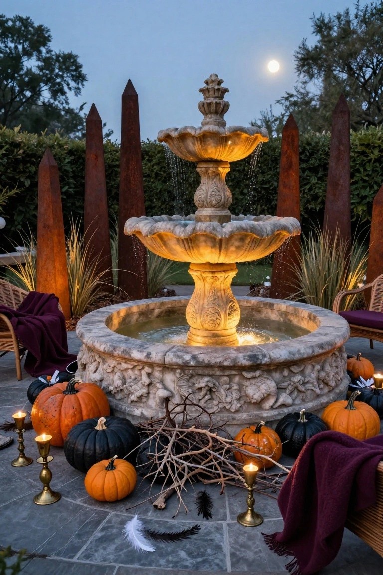 Stone fountain with multiple tiers and glowing underwater lights in an outdoor patio, surrounded by orange and black pumpkins, brass candlesticks with lit candles, twisted branches, feathers, rattan chairs with purple blankets, tall rusted metal obelisks, grasses, and hedges under a twilight sky with full moon.