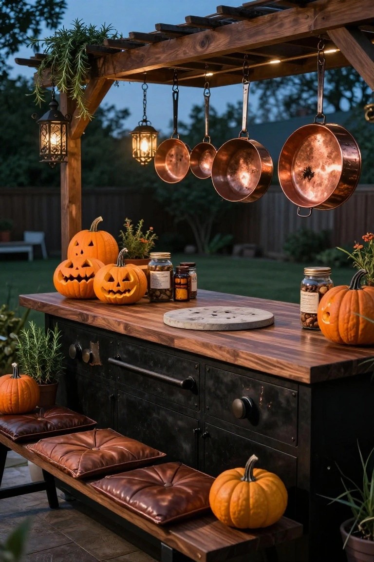 Wooden pergola over an outdoor kitchen island with hanging copper pots and lanterns, pumpkins and jack-o-lanterns on the counter and bench seating, patio setting at dusk.