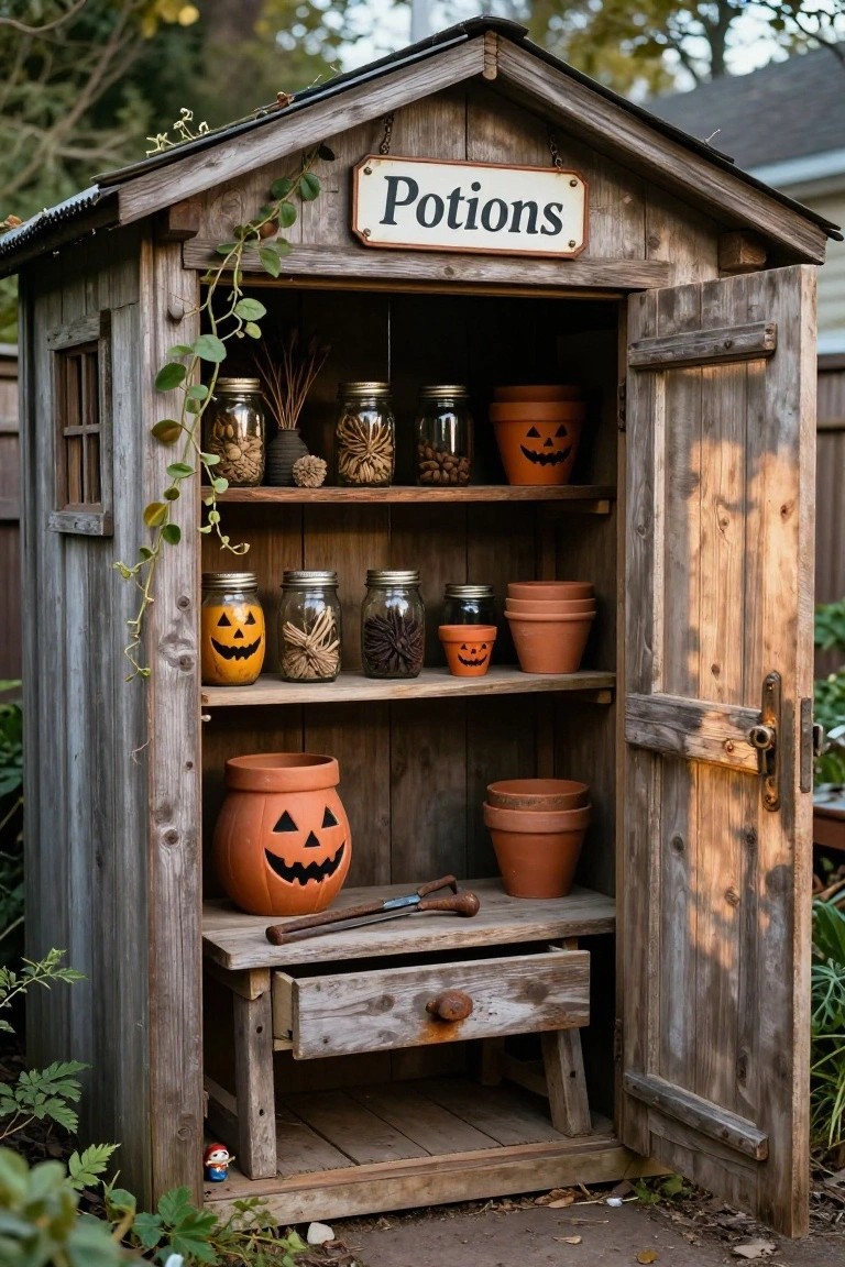 Small rustic wooden shed labeled 