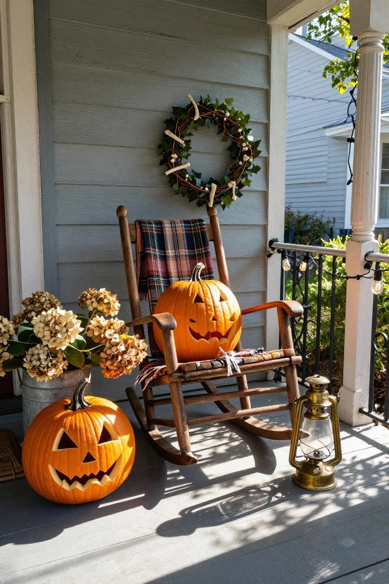 Gray shingled house porch displaying two carved jack-o-lantern pumpkins, one on a plaid-blanketed wooden rocking chair, dried hydrangeas in a metal bucket, ivy and bone wreath on door, brass lantern, and string lights along railing.